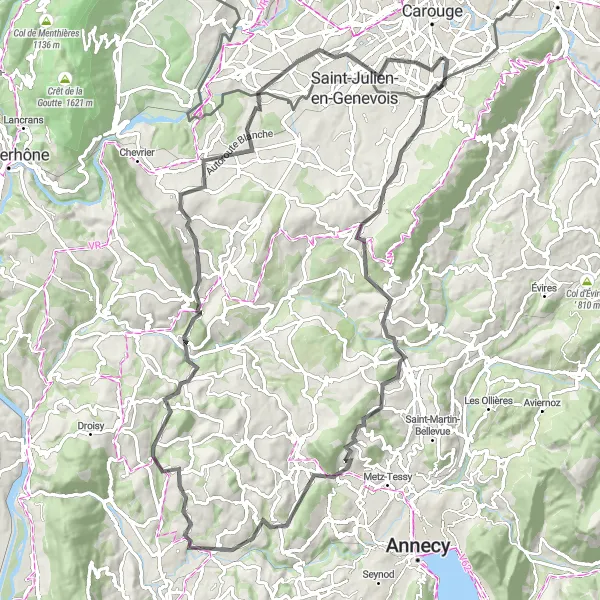 Miniaturní mapa "Cyklistická trasa Bossey - Bardonnex" inspirace pro cyklisty v oblasti Région lémanique, Switzerland. Vytvořeno pomocí plánovače tras Tarmacs.app