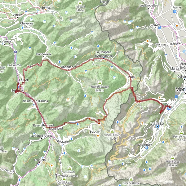 Miniaturekort af cykelinspirationen "Pas de Morgins Gravel Adventure" i Région lémanique, Switzerland. Genereret af Tarmacs.app cykelruteplanlægger