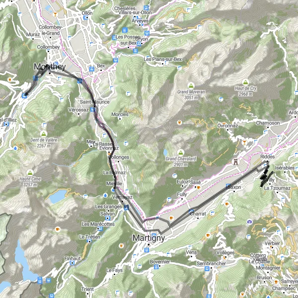 Karten-Miniaturansicht der Radinspiration "Château de Saint-Maurice und Massongex" in Région lémanique, Switzerland. Erstellt vom Tarmacs.app-Routenplaner für Radtouren