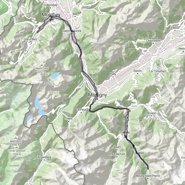 Mapa miniatúra "Road cycling trasa z Saint-Maurice do Choëx" cyklistická inšpirácia v Région lémanique, Switzerland. Vygenerované cyklistickým plánovačom trás Tarmacs.app