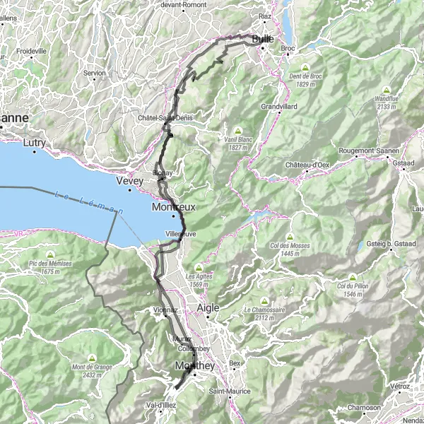 Miniature de la carte de l'inspiration cycliste "Le Tour des Alpes Vaudoises" dans la Région lémanique, Switzerland. Générée par le planificateur d'itinéraire cycliste Tarmacs.app