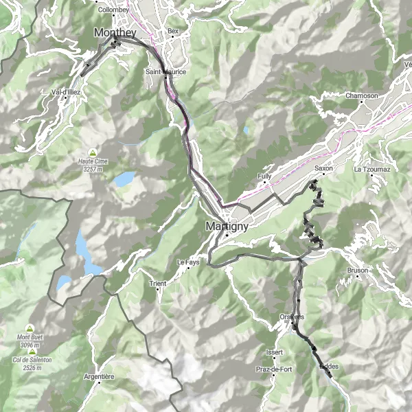 Miniatura della mappa di ispirazione al ciclismo "Giro in bicicletta da Troistorrents al Col du Lein" nella regione di Région lémanique, Switzerland. Generata da Tarmacs.app, pianificatore di rotte ciclistiche