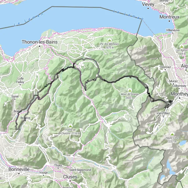 Miniaturekort af cykelinspirationen "Udfordrende rundtur cykelrute i Région lémanique" i Région lémanique, Switzerland. Genereret af Tarmacs.app cykelruteplanlægger