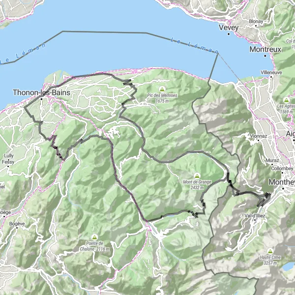 Map miniature of "Challenge of Col du Feu" cycling inspiration in Région lémanique, Switzerland. Generated by Tarmacs.app cycling route planner