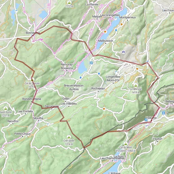 Miniature de la carte de l'inspiration cycliste "Circuit gravel de Vallorbe à Pavillon de l'Ile" dans la Région lémanique, Switzerland. Générée par le planificateur d'itinéraire cycliste Tarmacs.app