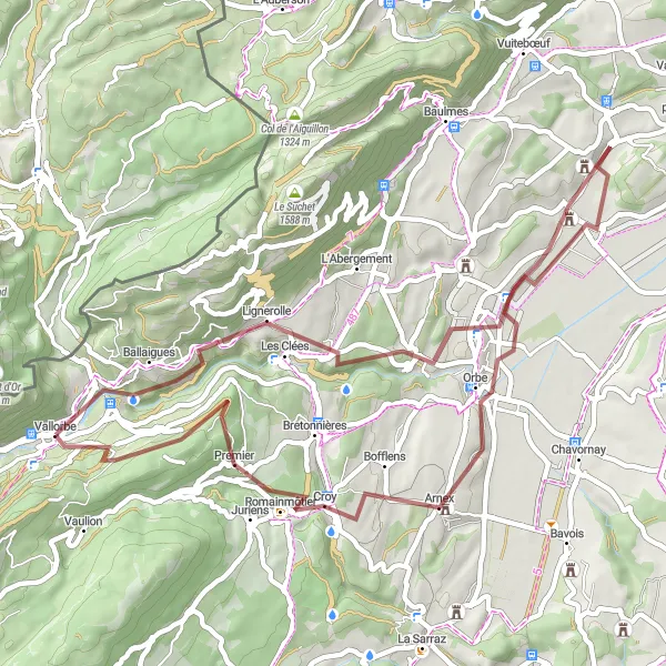 Miniature de la carte de l'inspiration cycliste "Boucle Vallorbe - Les Clées - Mathod - Arnex - Sommet de la Cascade du Dard" dans la Région lémanique, Switzerland. Générée par le planificateur d'itinéraire cycliste Tarmacs.app