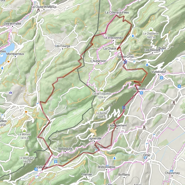 Miniaturní mapa "Gravelová cesta Vallorbe - Col de Jougne - Les Hôpitaux-Neufs - La Côte-aux-Fées - Col des Etroits - Baulmes - L'Abergement - Les Clées - Le Day" inspirace pro cyklisty v oblasti Région lémanique, Switzerland. Vytvořeno pomocí plánovače tras Tarmacs.app