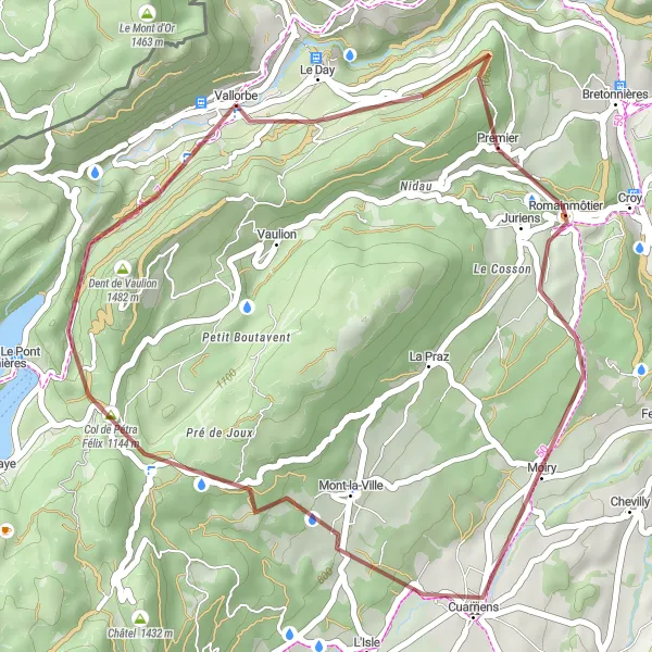 Miniatura della mappa di ispirazione al ciclismo "Giro in Mountain Bike intorno a Vallorbe" nella regione di Région lémanique, Switzerland. Generata da Tarmacs.app, pianificatore di rotte ciclistiche
