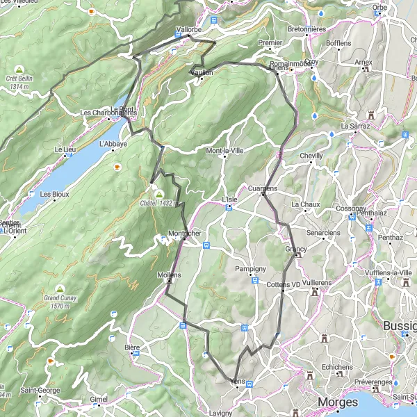 Karttaminiaatyyri "Vallorbe - Vaulion - Col du Mollendruz - Montricher - Grancy" pyöräilyinspiraatiosta alueella Région lémanique, Switzerland. Luotu Tarmacs.app pyöräilyreittisuunnittelijalla
