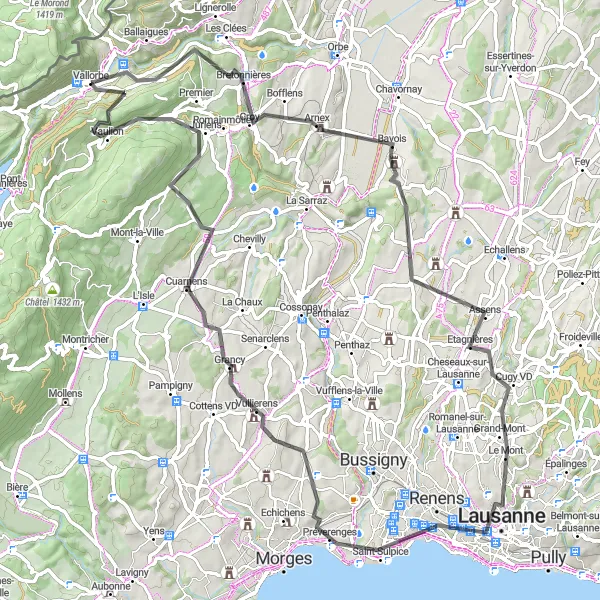 Map miniature of "Exploring Vaud countryside" cycling inspiration in Région lémanique, Switzerland. Generated by Tarmacs.app cycling route planner