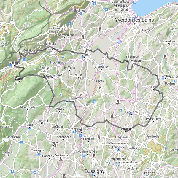 Zemljevid v pomanjšavi "Cestna avantura skozi Orbe" kolesarske inspiracije v Région lémanique, Switzerland. Generirano z načrtovalcem kolesarskih poti Tarmacs.app