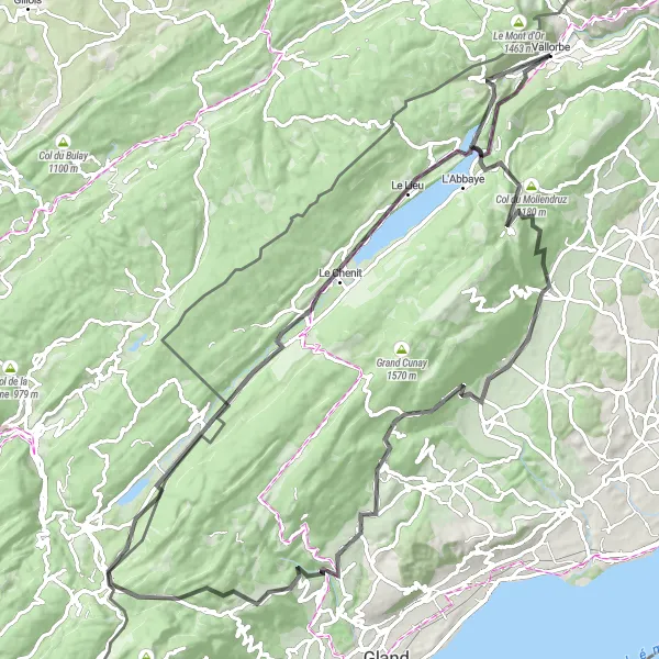 Karttaminiaatyyri "Haastava reitti Jura-vuoristoon" pyöräilyinspiraatiosta alueella Région lémanique, Switzerland. Luotu Tarmacs.app pyöräilyreittisuunnittelijalla