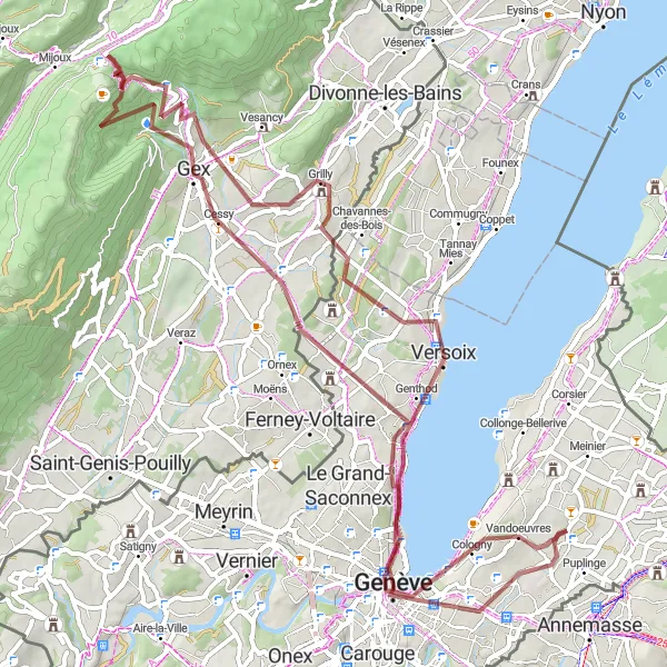 Miniature de la carte de l'inspiration cycliste "L'Exploration des Gravels du Jura" dans la Région lémanique, Switzerland. Générée par le planificateur d'itinéraire cycliste Tarmacs.app