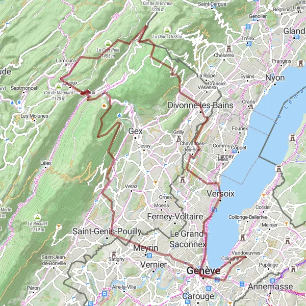 Mapa miniatúra "Gravelová cyklistická trasa u Vandœuvres" cyklistická inšpirácia v Région lémanique, Switzerland. Vygenerované cyklistickým plánovačom trás Tarmacs.app