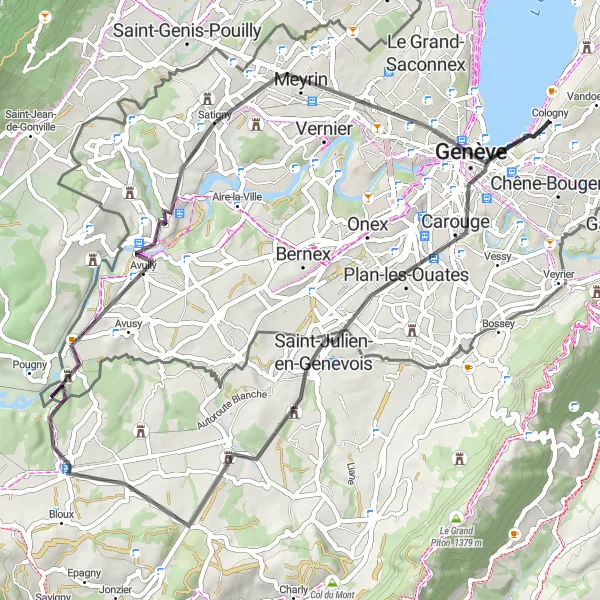 Miniature de la carte de l'inspiration cycliste "Escapade Naturelle autour de Genève" dans la Région lémanique, Switzerland. Générée par le planificateur d'itinéraire cycliste Tarmacs.app