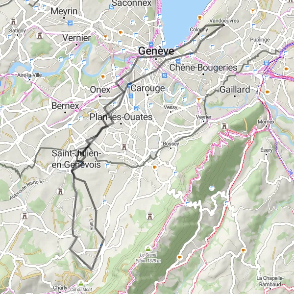 Miniatura della mappa di ispirazione al ciclismo "Pedalata lungo il lago di Ginevra" nella regione di Région lémanique, Switzerland. Generata da Tarmacs.app, pianificatore di rotte ciclistiche