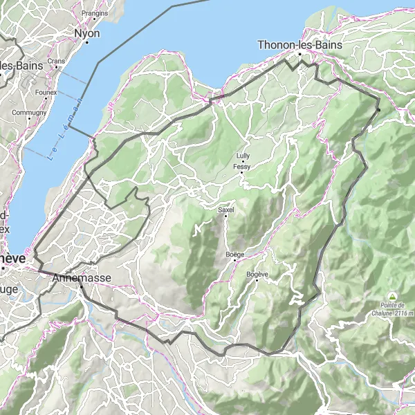 Miniatura della mappa di ispirazione al ciclismo "Esplorando la Costa Francese del Lago di Ginevra" nella regione di Région lémanique, Switzerland. Generata da Tarmacs.app, pianificatore di rotte ciclistiche