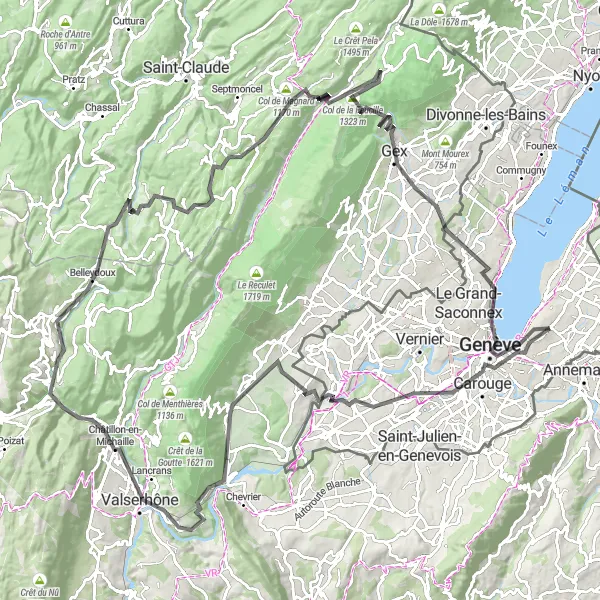 Miniatura della mappa di ispirazione al ciclismo "Grande sfida verso i Colli del Giura" nella regione di Région lémanique, Switzerland. Generata da Tarmacs.app, pianificatore di rotte ciclistiche