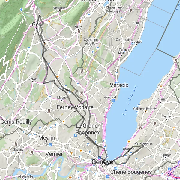Miniatura della mappa di ispirazione al ciclismo "Esplorando Ginevra e i suoi dintorni" nella regione di Région lémanique, Switzerland. Generata da Tarmacs.app, pianificatore di rotte ciclistiche