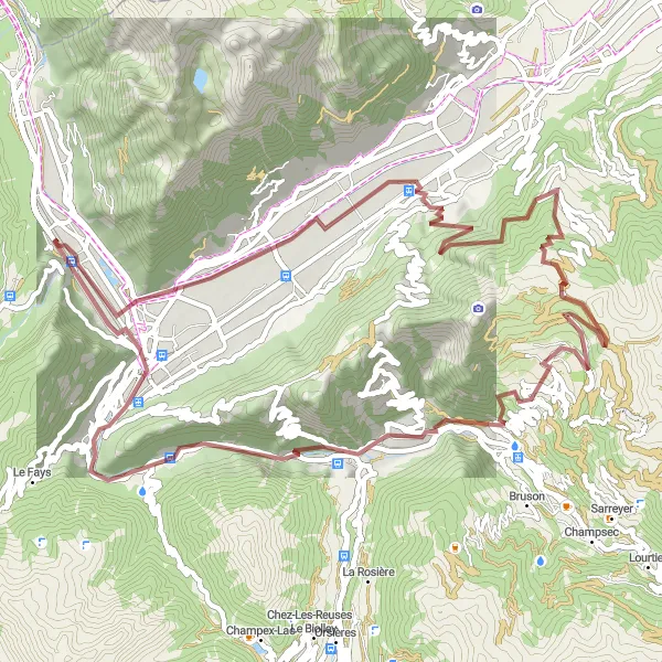 Map miniature of "Gravel Route to Saxon and La Tzoumaz" cycling inspiration in Région lémanique, Switzerland. Generated by Tarmacs.app cycling route planner