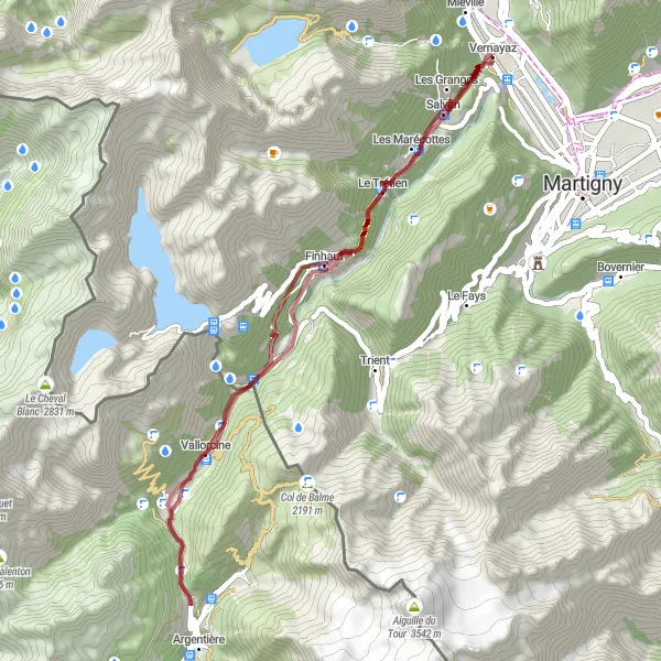 Map miniature of "Gravel Route through Tête des Crêtes and Gorges du Trient" cycling inspiration in Région lémanique, Switzerland. Generated by Tarmacs.app cycling route planner