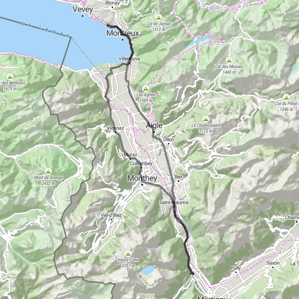 Karttaminiaatyyri "Pilier de la Pissechèvre - Château de Saint-Maurice - Collombey - Château de la Porte du Scex - Montreux - Rennaz - Aigle - Pissevache" pyöräilyinspiraatiosta alueella Région lémanique, Switzerland. Luotu Tarmacs.app pyöräilyreittisuunnittelijalla