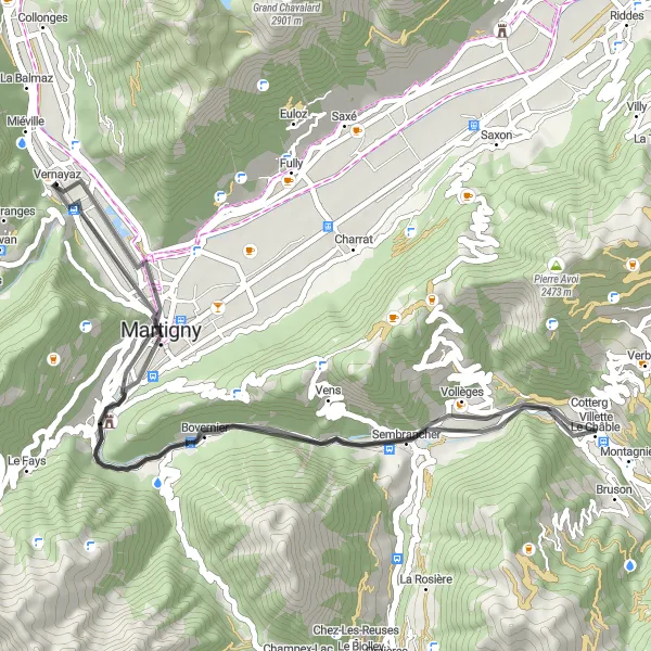 Map miniature of "Martigny and Le Châble Road Loop" cycling inspiration in Région lémanique, Switzerland. Generated by Tarmacs.app cycling route planner