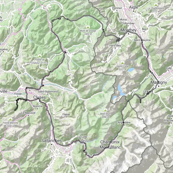 Map miniature of "Challenging Road Cycling Route from Vernayaz to Châtillon-sur-Cluses" cycling inspiration in Région lémanique, Switzerland. Generated by Tarmacs.app cycling route planner