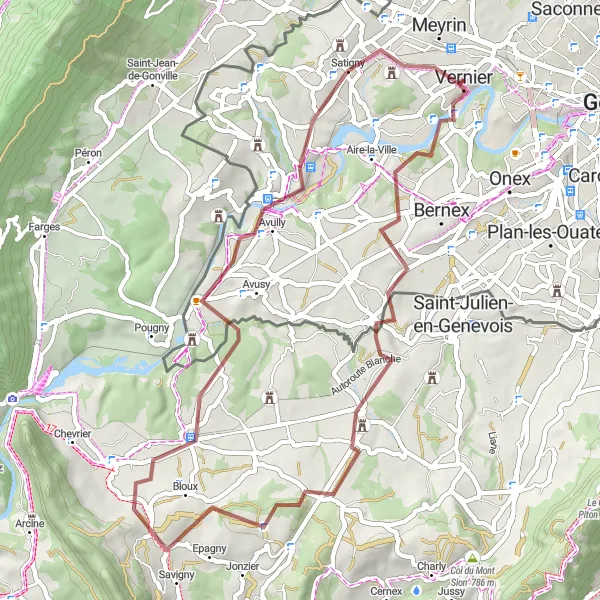 Kartminiatyr av "Utforsk Vernier på Grusvei til Satigny" sykkelinspirasjon i Région lémanique, Switzerland. Generert av Tarmacs.app sykkelrutoplanlegger