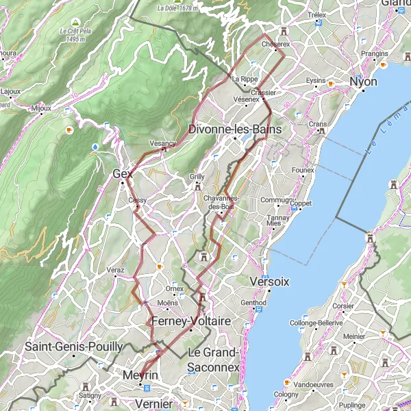 Mapa miniatúra "Gravelová cesta k Ferney-Voltaire" cyklistická inšpirácia v Région lémanique, Switzerland. Vygenerované cyklistickým plánovačom trás Tarmacs.app