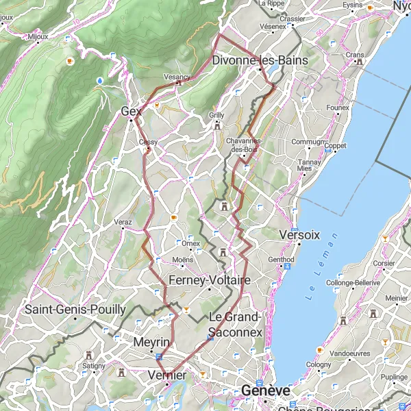 Map miniature of "Cessy and Lake Geneva Overlook" cycling inspiration in Région lémanique, Switzerland. Generated by Tarmacs.app cycling route planner