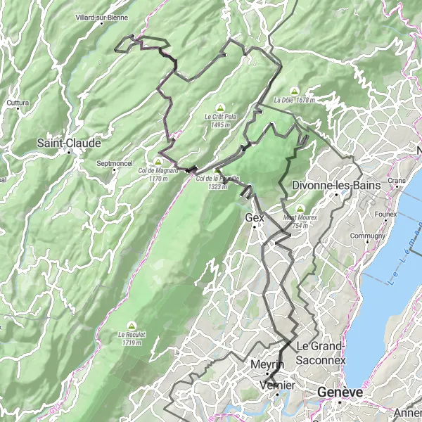 Mapa miniatúra "Cesta cez Col de la Faucille a okolie" cyklistická inšpirácia v Région lémanique, Switzerland. Vygenerované cyklistickým plánovačom trás Tarmacs.app