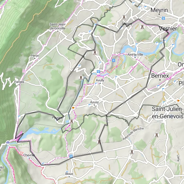 Karten-Miniaturansicht der Radinspiration "Radtour Vernier-Challex" in Région lémanique, Switzerland. Erstellt vom Tarmacs.app-Routenplaner für Radtouren