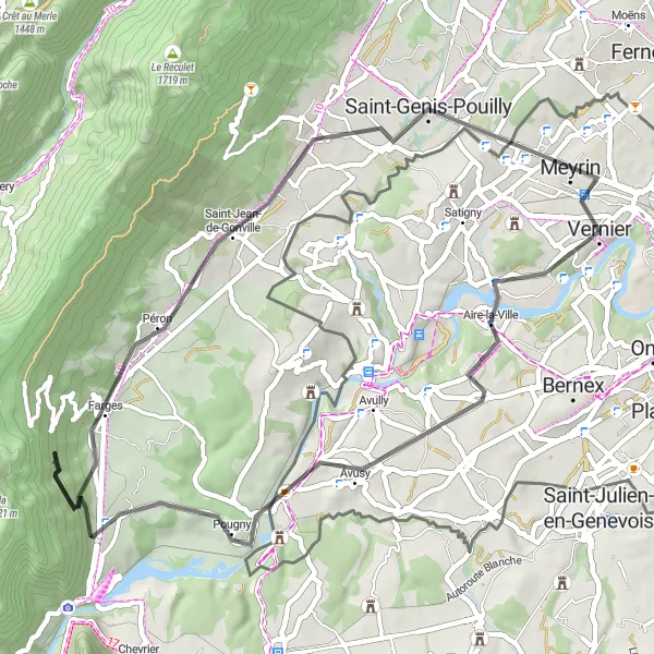 Miniatura della mappa di ispirazione al ciclismo "Rotta emozionante da Aire-la-Ville a Vernier" nella regione di Région lémanique, Switzerland. Generata da Tarmacs.app, pianificatore di rotte ciclistiche