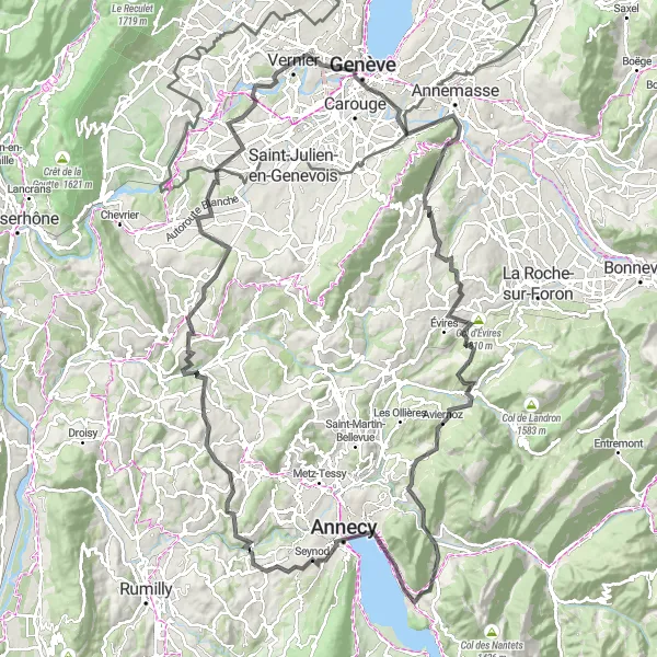 Miniatura della mappa di ispirazione al ciclismo "Rotta ciclistica tra Vernier e Visitation" nella regione di Région lémanique, Switzerland. Generata da Tarmacs.app, pianificatore di rotte ciclistiche