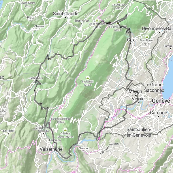 Kartminiatyr av "Vernier - Avusy - Bellegarde-sur-Valserine - Perte de la Valserine - Champfromier - Col de la Croix de la Serra - Les Bouchoux - Col de Magnard - Lajoux - Col de la Faucille - Gex - Meyrin" cykelinspiration i Région lémanique, Switzerland. Genererad av Tarmacs.app cykelruttplanerare