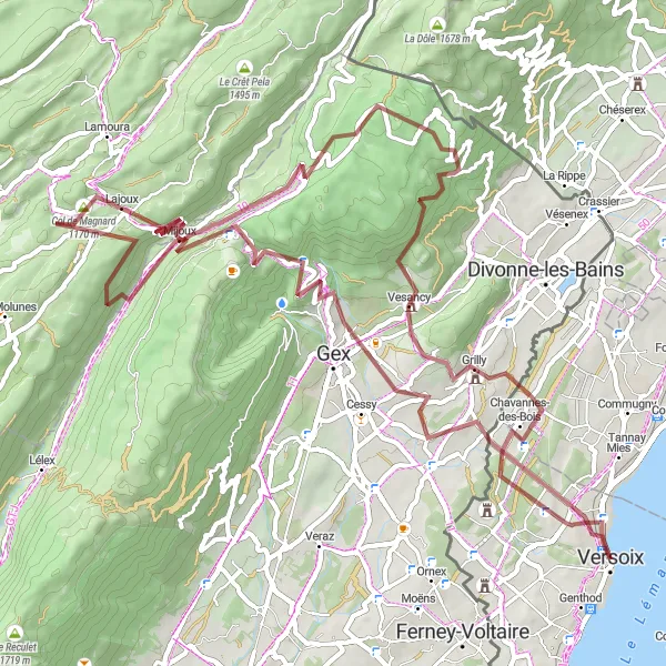 Miniatua del mapa de inspiración ciclista "Aventura en Grava" en Région lémanique, Switzerland. Generado por Tarmacs.app planificador de rutas ciclistas
