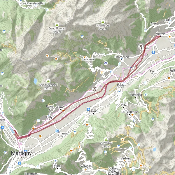 Map miniature of "Ardon and Saillon Gravel loop" cycling inspiration in Région lémanique, Switzerland. Generated by Tarmacs.app cycling route planner