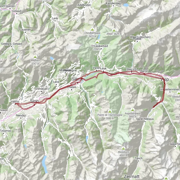 Miniatura della mappa di ispirazione al ciclismo "Avventura Ciclistica da Vétroz a Aproz" nella regione di Région lémanique, Switzerland. Generata da Tarmacs.app, pianificatore di rotte ciclistiche