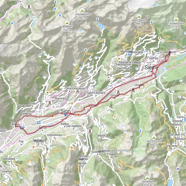 Miniature de la carte de l'inspiration cycliste "Tour du Valais en gravel" dans la Région lémanique, Switzerland. Générée par le planificateur d'itinéraire cycliste Tarmacs.app