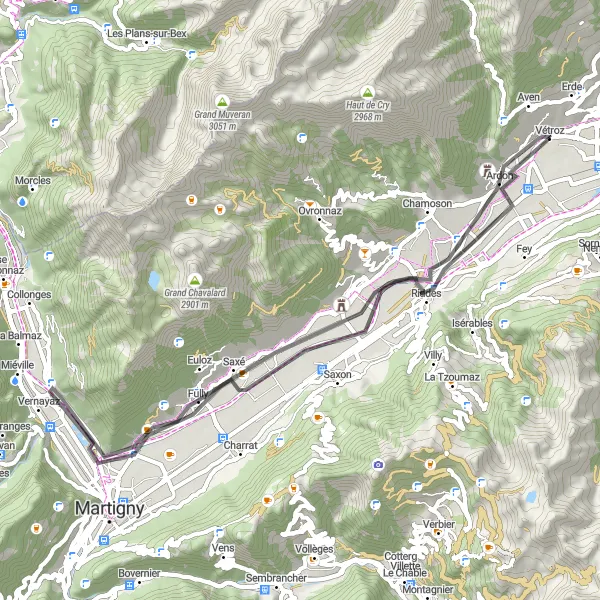 Map miniature of "Vétroz - Saint-Pierre-de-Clages Loop" cycling inspiration in Région lémanique, Switzerland. Generated by Tarmacs.app cycling route planner