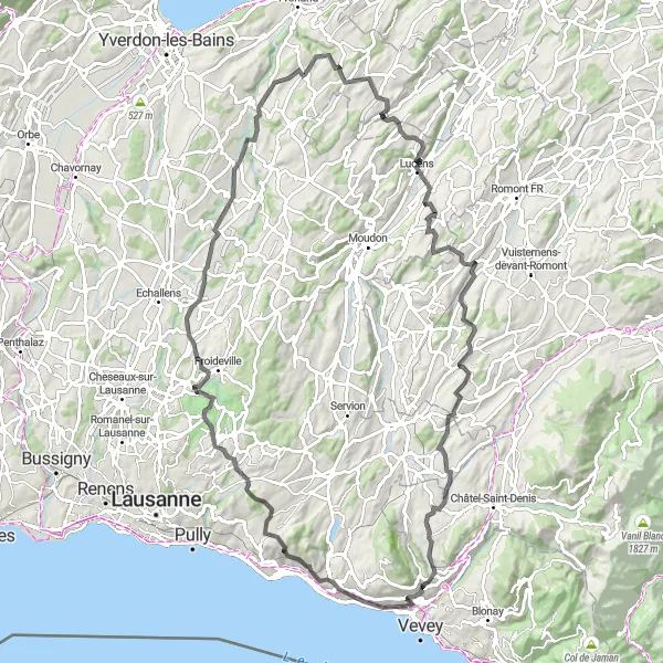 Miniaturekort af cykelinspirationen "Bjergrige udsigter fra Vevey til Attalens" i Région lémanique, Switzerland. Genereret af Tarmacs.app cykelruteplanlægger