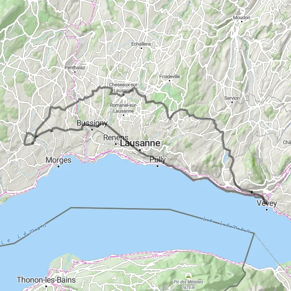 Map miniature of "The Lake Geneva Loop" cycling inspiration in Région lémanique, Switzerland. Generated by Tarmacs.app cycling route planner