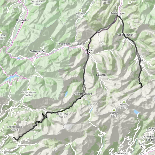 Miniaturní mapa "Cyklistická trasa Villars-sur-Ollon - Col de la Croix - Les Diablerets - Gsteig b. Gstaad - Schönried - Saanenmöser - Schloss Blankenburg - Iffigfall - Zweisimmen - Gstaad - Loswäldli - Col du Pillon - Villars-sur-Ollon" inspirace pro cyklisty v oblasti Région lémanique, Switzerland. Vytvořeno pomocí plánovače tras Tarmacs.app