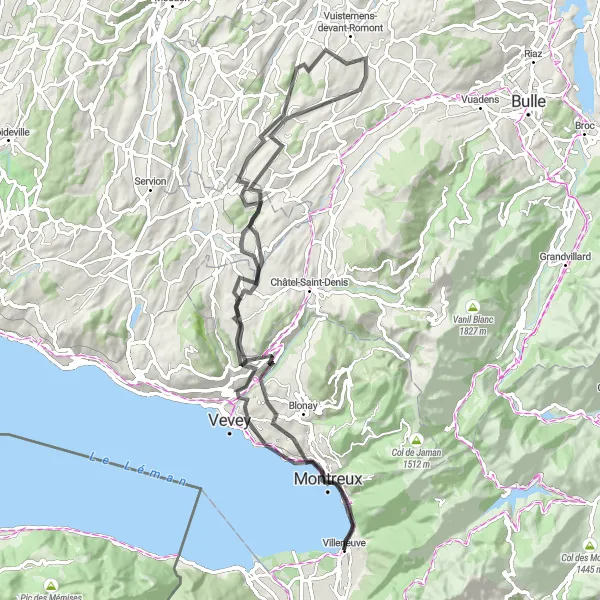 Kartminiatyr av "Kustpärlor runt Lac Léman från Villeneuve till Chillon-slottet" cykelinspiration i Région lémanique, Switzerland. Genererad av Tarmacs.app cykelruttplanerare