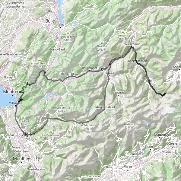 Miniaturní mapa "Kola okolo Villeneuve" inspirace pro cyklisty v oblasti Région lémanique, Switzerland. Vytvořeno pomocí plánovače tras Tarmacs.app