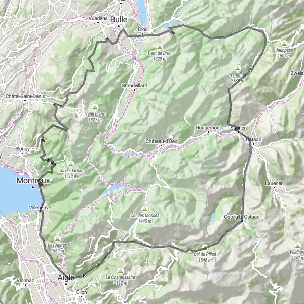 Miniaturní mapa "Okružní cesta kolem Villeneuve" inspirace pro cyklisty v oblasti Région lémanique, Switzerland. Vytvořeno pomocí plánovače tras Tarmacs.app