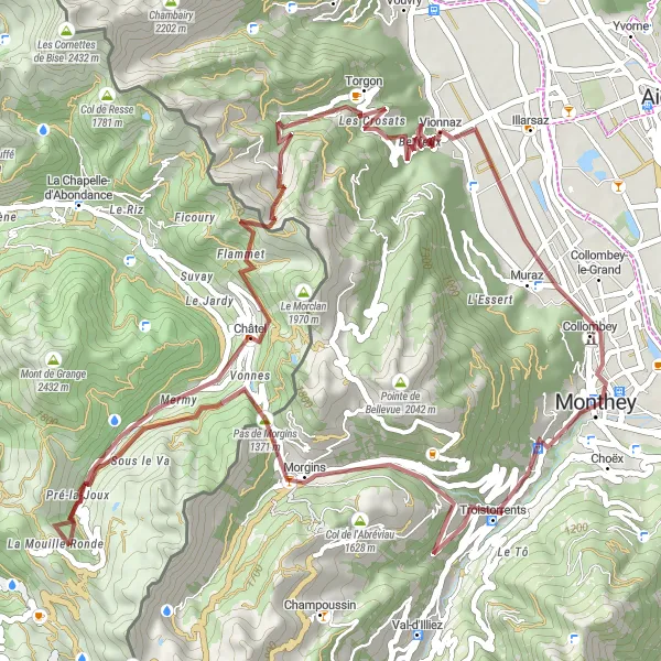 Map miniature of "Vionnaz Gravel Loop via Monthey and Morgins" cycling inspiration in Région lémanique, Switzerland. Generated by Tarmacs.app cycling route planner