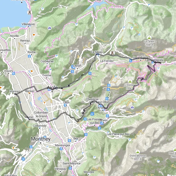 Map miniature of "Aigle to Vionnaz Scenic Ride" cycling inspiration in Région lémanique, Switzerland. Generated by Tarmacs.app cycling route planner