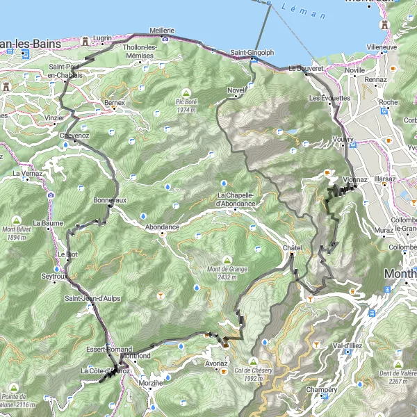 Map miniature of "Vionnaz Loop via Torgon and Les Lindarets" cycling inspiration in Région lémanique, Switzerland. Generated by Tarmacs.app cycling route planner